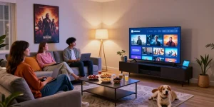 Pikashow streaming party scene with friends enjoying movies in a cozy living room