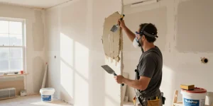 HubPro drywall team member expertly applying drywall mud in a modern home renovation