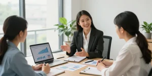Couple discussing asset protection strategies with financial advisor in a bright office