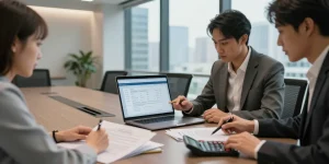 Kira hesaplama işlemi yapan profesyonellerin modern ofis ortamında çalıştığı an.
