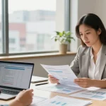 Contabilitate ONG - contabil analizează rapoarte financiare într-un birou modern