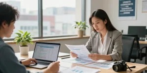 Contabilitate ONG - contabil analizează rapoarte financiare într-un birou modern