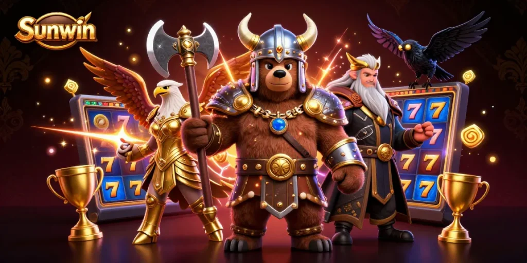 Engage with Sunwin's top slots and thrilling prizes in this vivid 3D casino illustration.