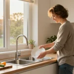Homeowner washing dishes at a kitchen sink in stainless steel, surrounded by fresh herbs in a modern kitchen.