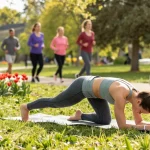 Woman in modest activewear practicing yoga in sunny park, promoting healthy lifestyle.