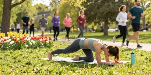 Woman in modest activewear practicing yoga in sunny park, promoting healthy lifestyle.