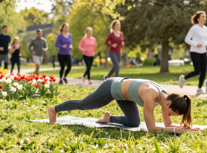 Woman in modest activewear practicing yoga in sunny park, promoting healthy lifestyle.