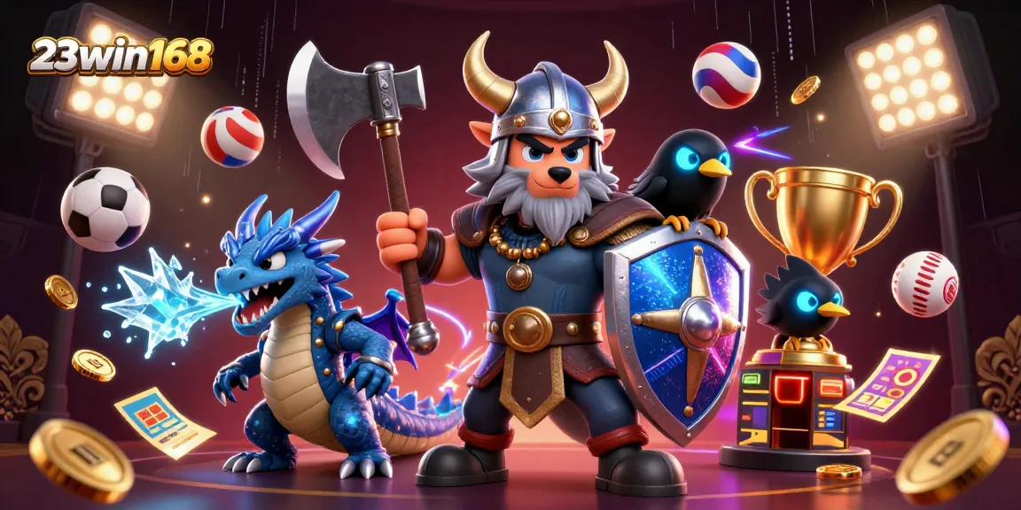 Experience the excitement of 23win168 with a dynamic 3D casino illustration featuring a Viking warrior, dragon, and sports elements.