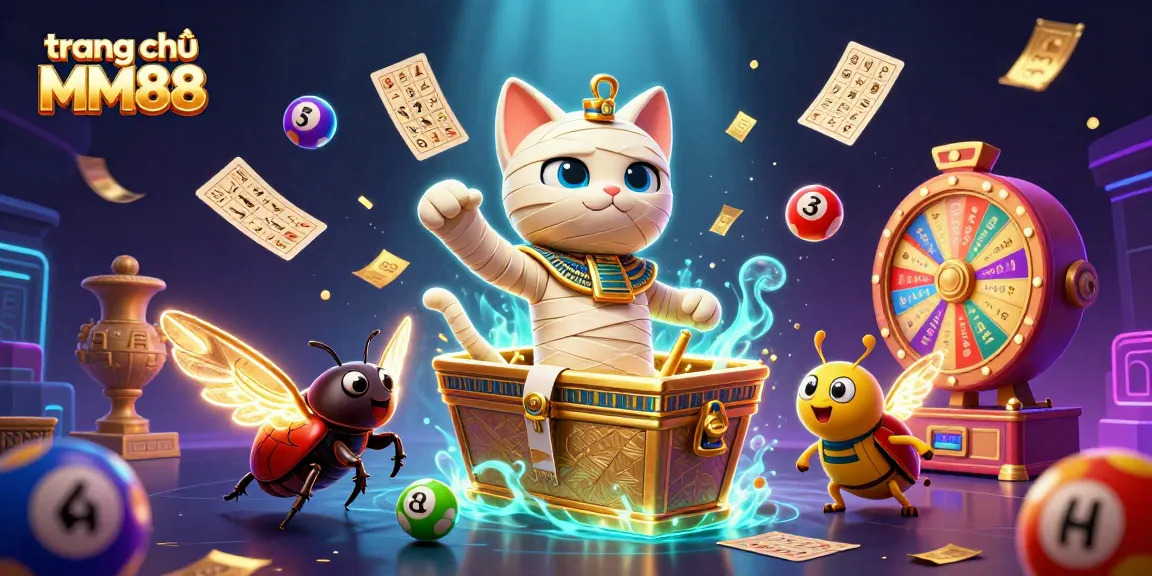 Engage in the vibrant world of trang chủ MM88 with a lively Egyptian casino scene featuring a mummy cat and golden elements.