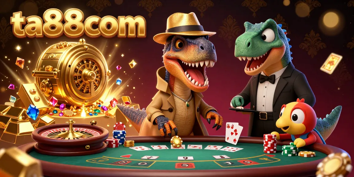 Join the thrilling action at ta88com with a velociraptor card counter at the blackjack table, surrounded by dazzling treasures.