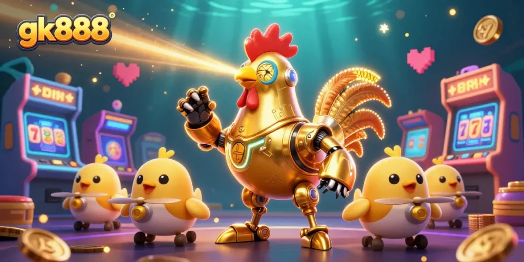 Experience thrilling gameplay with gk888 featuring a golden rooster robot amidst vibrant casino elements.