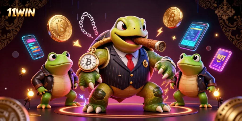 Experience the dynamic casino world of 11WIN with vibrant 3D characters and glowing crypto elements.