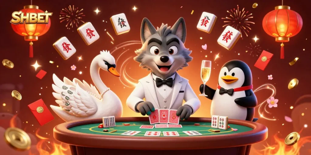 Experience SHBET's lively casino scene with a debonair wolf, elegant swan, and sophisticated penguin.