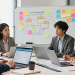 Team discussing the Official RTI Scheduler software in a modern office environment