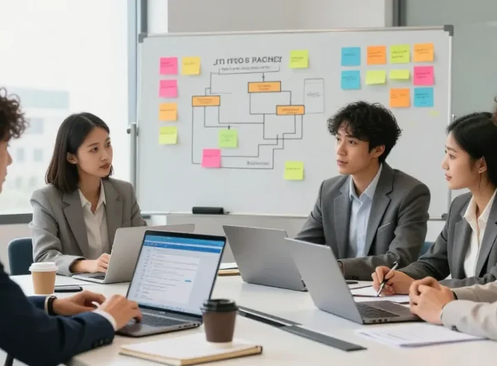 Team discussing the Official RTI Scheduler software in a modern office environment
