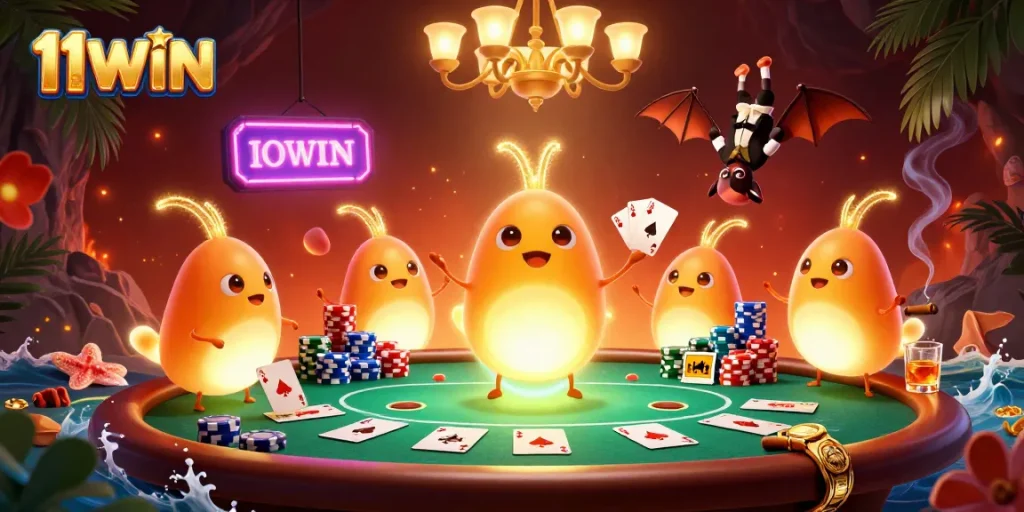 Experience the vibrant glow of a cave casino scene with 11WIN's unique glowworm characters.