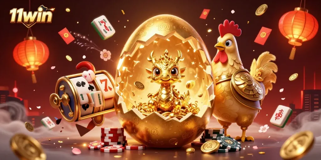 Engage with 11WIN's vibrant casino imagery featuring a golden dragon, poker chips, and dynamic game elements.