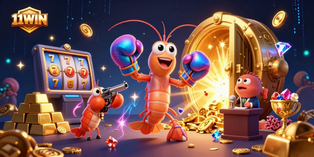 11WIN brings excitement with a vibrant casino scene featuring a mantis shrimp and dazzling slot elements.