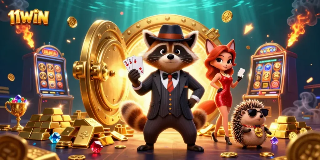 Experience the thrill of 11WIN in this vibrant 3D casino illustration featuring charismatic characters and dynamic gaming elements.