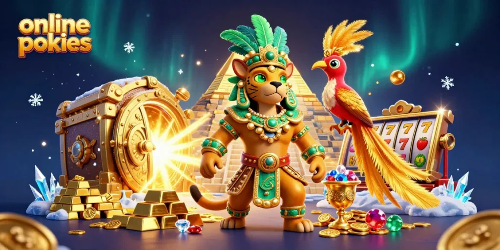 Spin to win with online pokies in this vibrant, detailed 3D scene of Mayan themes.