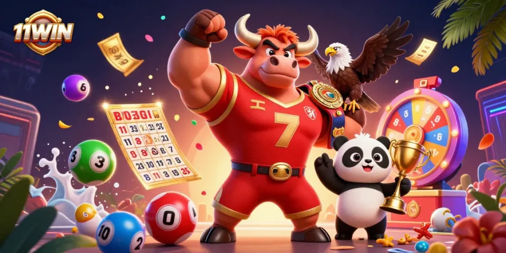 Experience winning moments with 11WIN as colorful lottery elements surround dynamic characters.