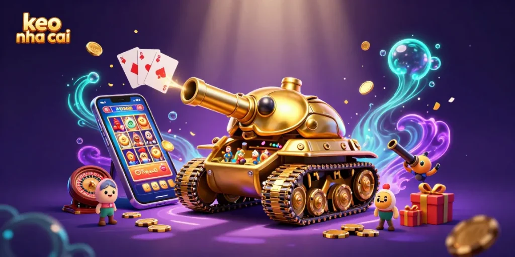 Engage with keo nha cai's miniature casino scene featuring golden beetle tank and vibrant gambling elements.
