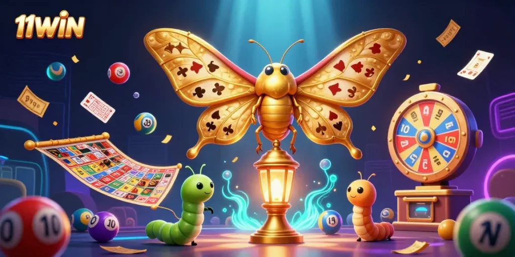 Join the thrilling action at 11WIN with vibrant lottery elements and a majestic moth in a rich casino illustration.