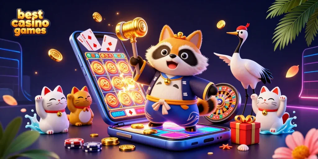 Engage with the best casino games through a vibrant 3D scene featuring lucky characters and dynamic gambling elements.