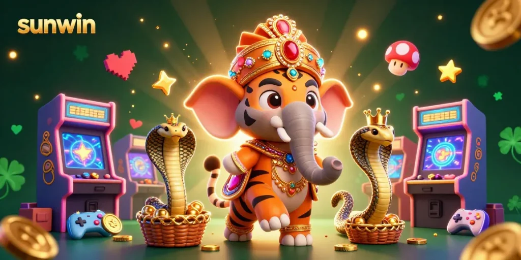 Experience sunwin's vibrant casino world featuring a maharaja tiger amidst colorful gaming elements.
