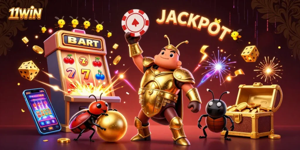 Experience thrilling jackpots at 11WIN with a heroic beetle celebration amidst casino excitement.