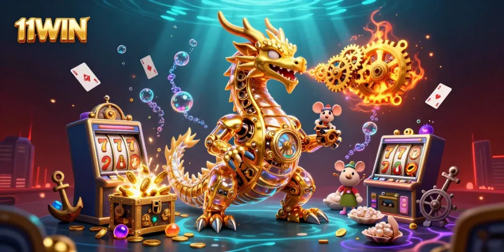 Experience thrilling adventures with 11WIN as a golden dragon breathes gears amidst treasures.