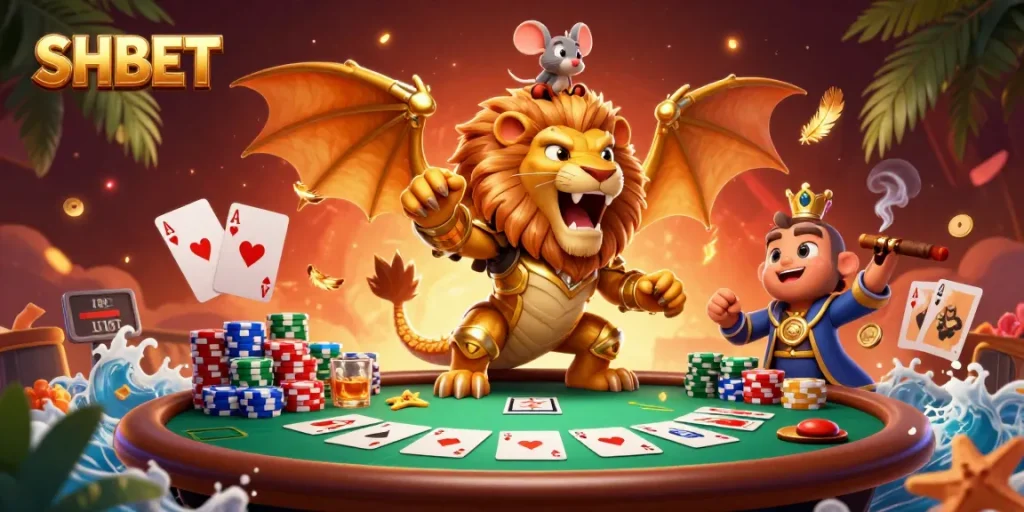 Players experience thrilling casino action at SHBET with a roaring chimera and vibrant gaming atmosphere.