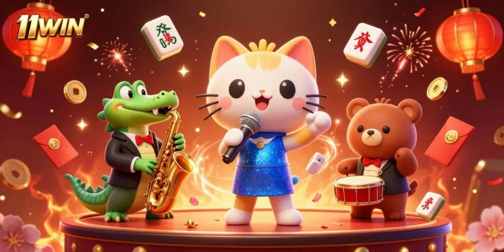 Immerse in the vibrant 11WIN casino scene with lively characters and festive game elements.